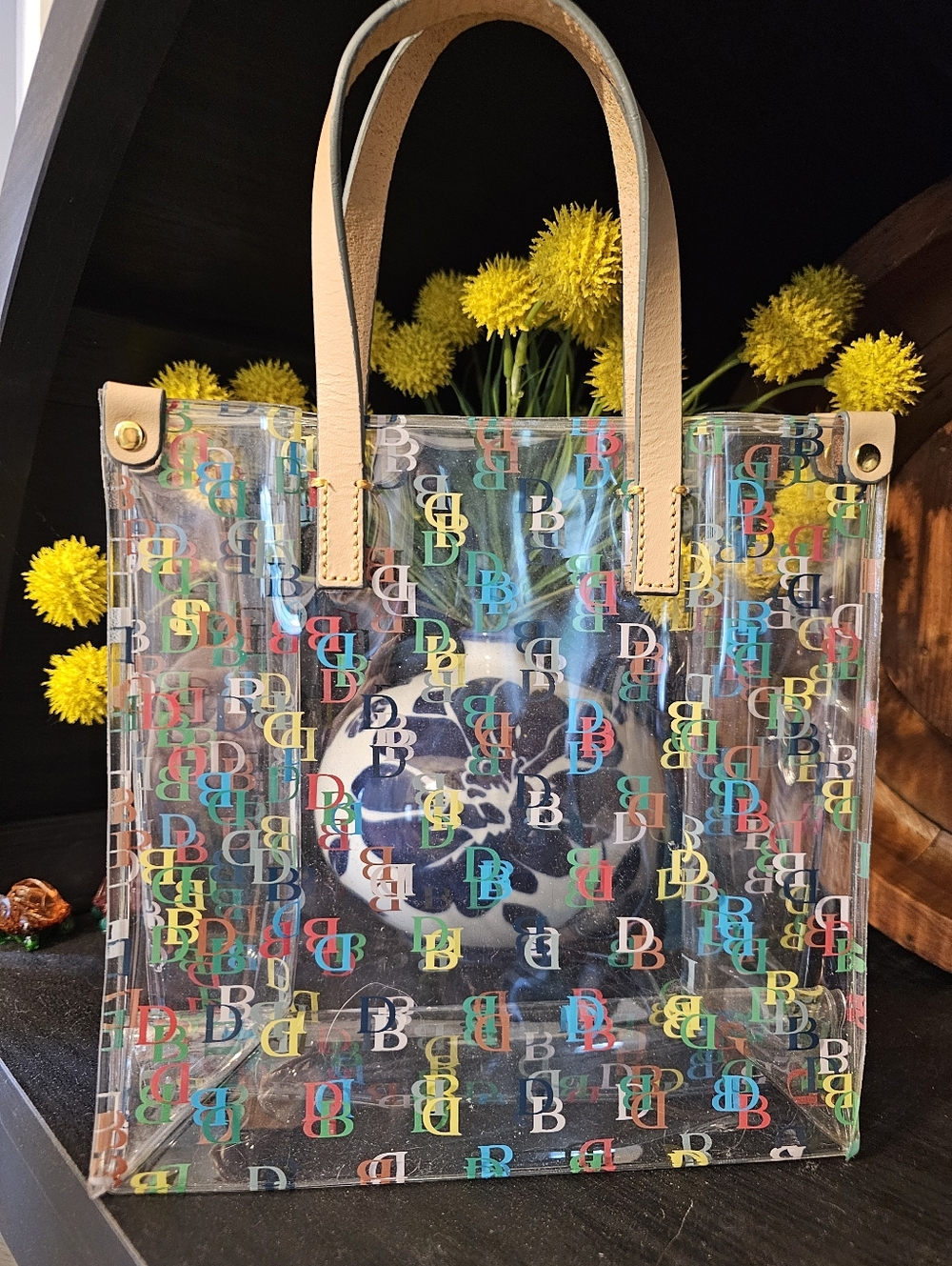 Dooney & Bourke Clear Multicolor Logo Small Tote Bag with Tan Handles
